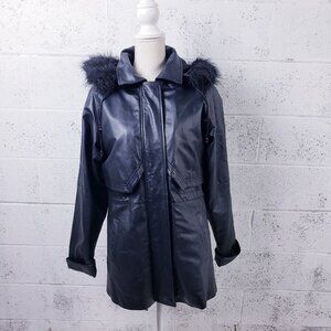 Croft &‎ Barrow Women's Black Leather Faux Fur Trim Hood Insulated Jacket Small